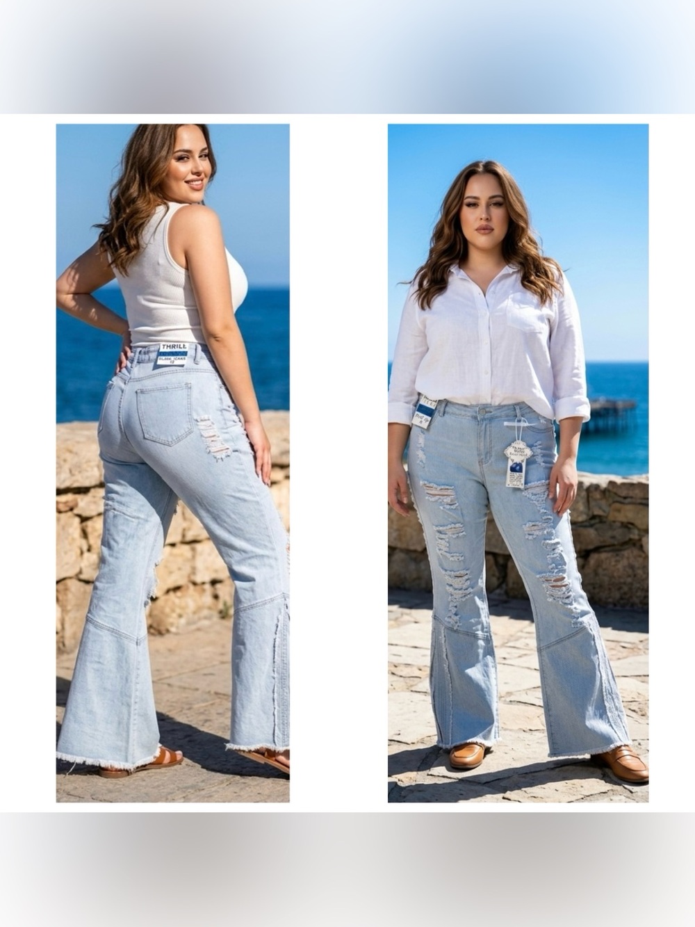 Thrill Women Sz 18 Light Blue Distressed split Flared high rise denim jeans NWT